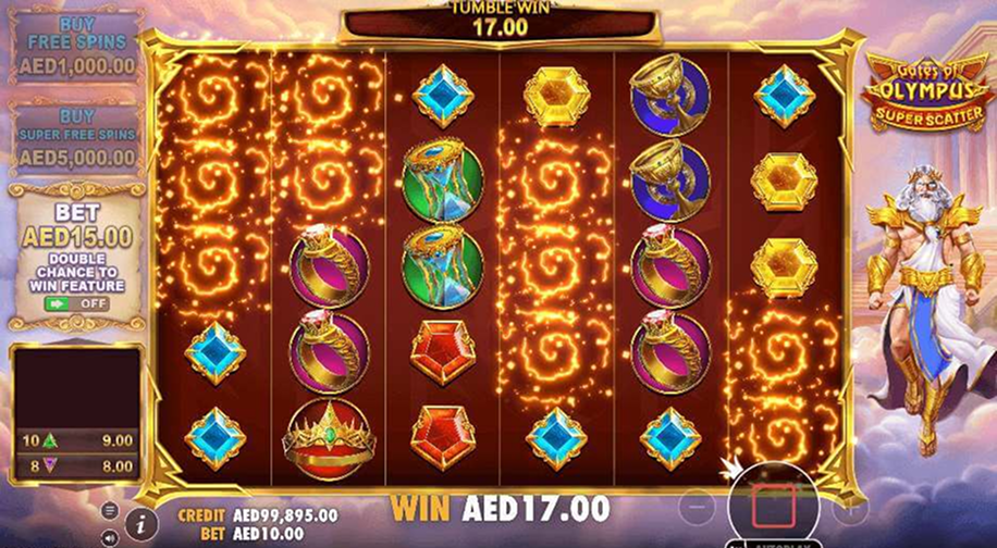 Gates of Olympus Super Scatter Gäste spielen an beleuchteten Spielautomaten in einem vollen Casino